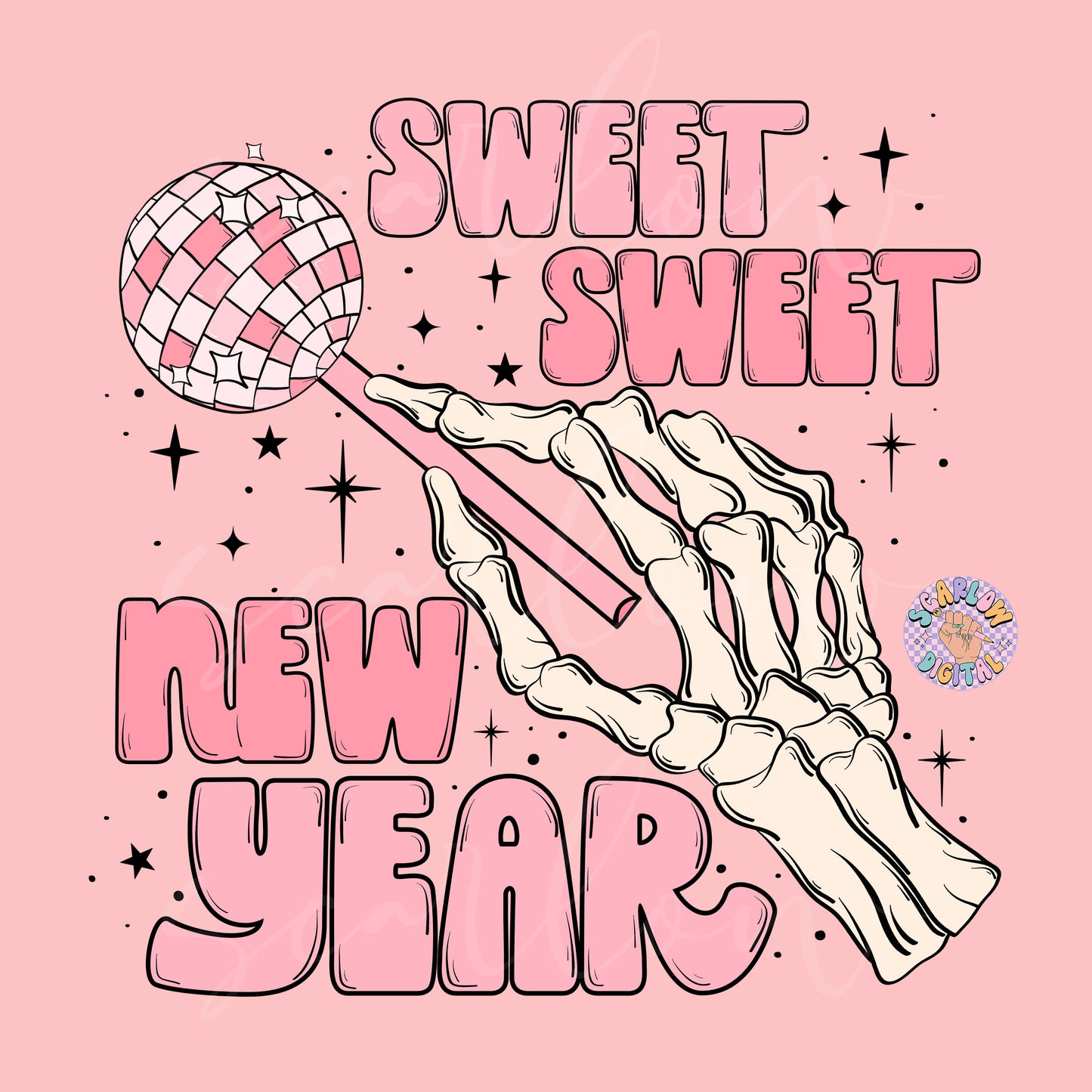 Sweet Sweet New Year PNG Sublimation Digital Design Download, disco ball png, skeleton png, skull png, sucker png, girly new years png file