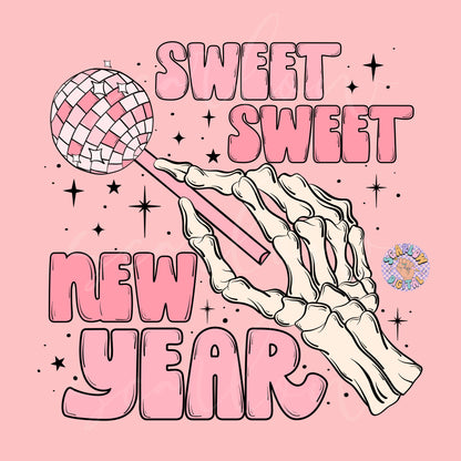 Sweet Sweet New Year PNG Sublimation Digital Design Download, disco ball png, skeleton png, skull png, sucker png, girly new years png file