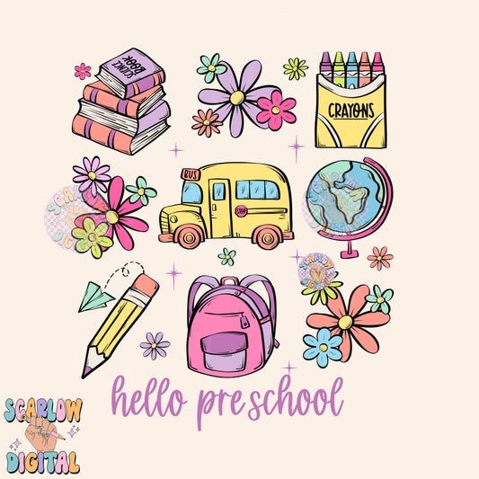 Hello Preschool PNG Digital Design Download, back to school png, kids png, goodbye summer png, books png, learning png, preschool png design