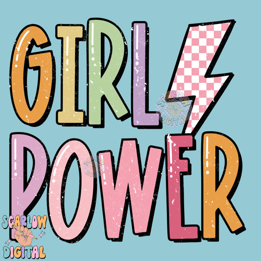 Girl Power PNG Digital Design Download, retro girl png, women empowerment png, lightening bolt png, checkers png, colorful png, rainbow png