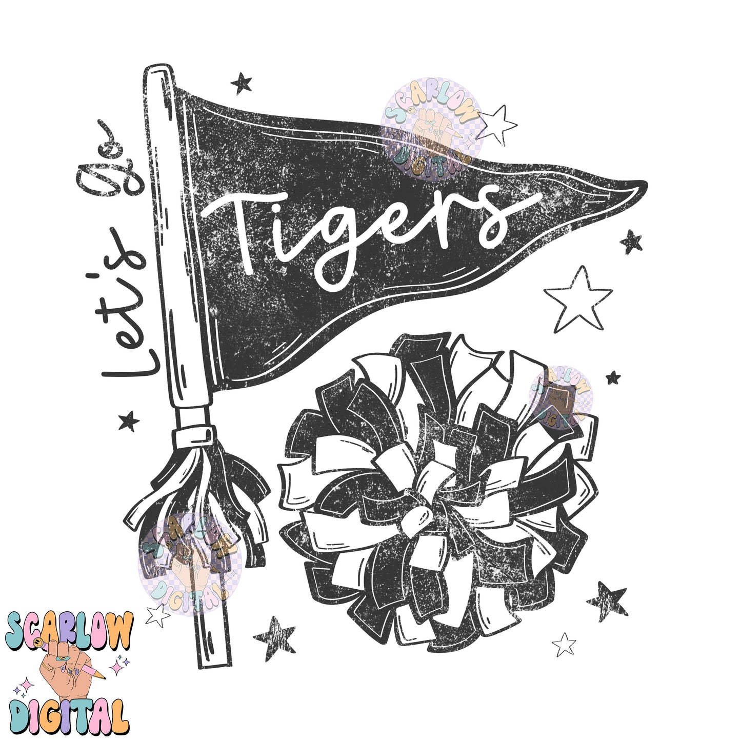 Let's Go Tigers PNG Digital Design Download, pom pom png, football png, sports png, single color png, school spirit png, team spirit png