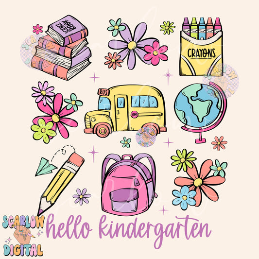 Hello Kindergarten PNG Digital Design Download, back to school png, kids png, goodbye summer png, books png, learning png, girl png designs