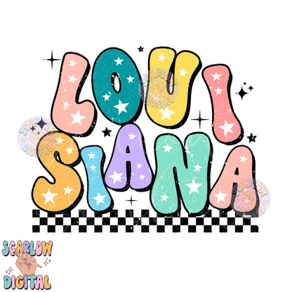 Louisiana PNG Digital Design Download, city png design, colorful png, stars png, women png, Louisiana tshirt png, retro png, hometown png