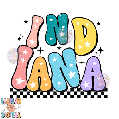 Indiana PNG Digital Design Download, city png design, colorful png, stars png, women png, Indiana tshirt png, retro png, hometown png