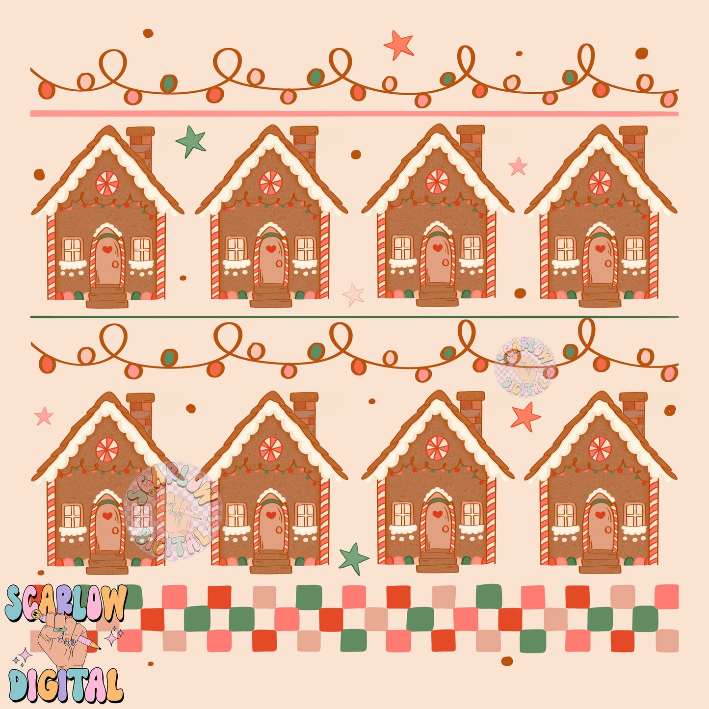 Gingerbread Houses PNG Digital Design Download, sweater pattern png, Christmas sweater png design, checkers png, christmas lights png design