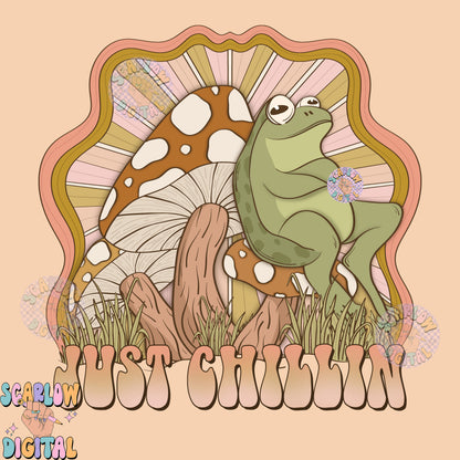 Just Chillin PNG Digital Design Download, frog png, mushroom png, trendy png, groovy png, funny png, hippie png, sublimation print png