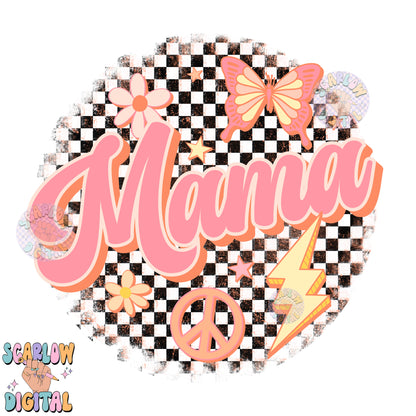 Mama PNG Digital Design Download, checkered mama png, retro mama png, butterfly png, peace png, flowers png, mama mini png, mommy and me png