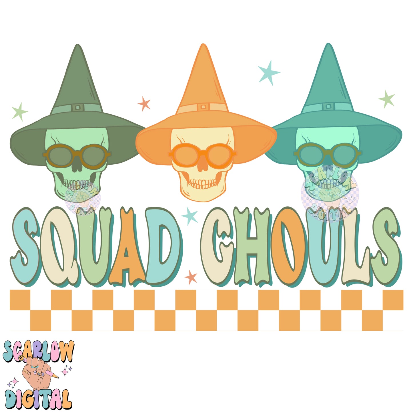 Squad Ghouls PNG Digital Design Download, spooky season png, neon halloween png, retro halloween png, skulls png, skeleton png designs