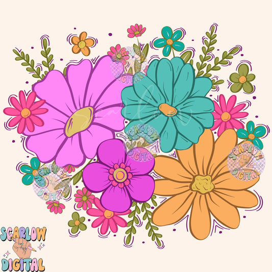 Floral Bouquet PNG Sublimation Digital Design Download, flowers png, bright flowers png, colorful png, retro png, simple png, no words png