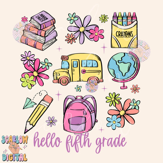 Hello Fifth Grade PNG Digital Design Download, back to school png, kids png, goodbye summer png, books png, learning png, girl png designs
