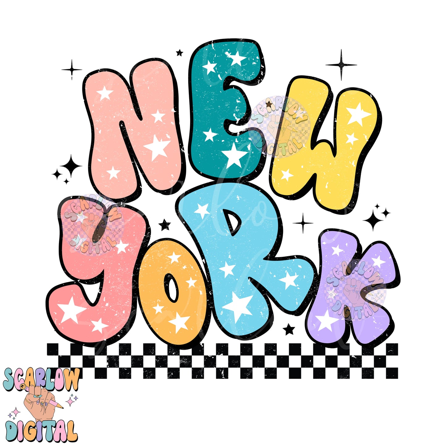 New York PNG Digital Design Download, city png design, colorful png, stars png, women png, New York shirt design, retro png, state png design