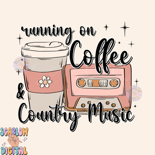 Running on Coffee and Country Music PNG Sublimation Digital Design Download, iced coffee png, cowgirl png, flower png, girly png, retro png