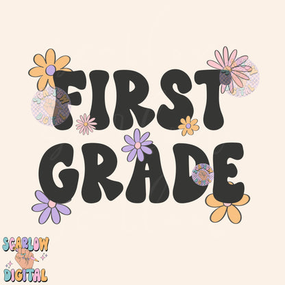 First Grade PNG Digital Design Download, back to school png, little girl png, flowers png, grade school png, trendy school design, girl png