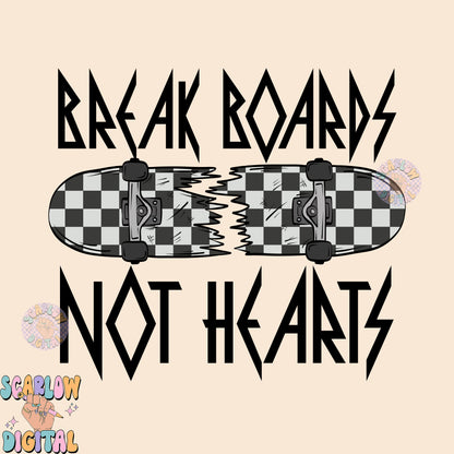 Break Boards Not Hearts PNG-Valentine's Day Sublimation Digital Design Download-checkered png, skateboard png, valentines boy png design