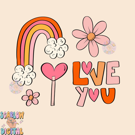 Love You PNG-Valentine's Day Sublimation Digital Design Download-boho rainbow png, flowers png, hearts png, heart sucker png design