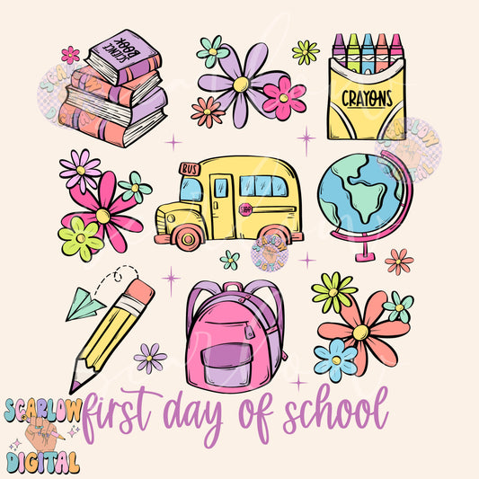 First Day of School PNG Digital Design Download, school bus png, books png, globe png, flowers png, girl school png, pencil png designs