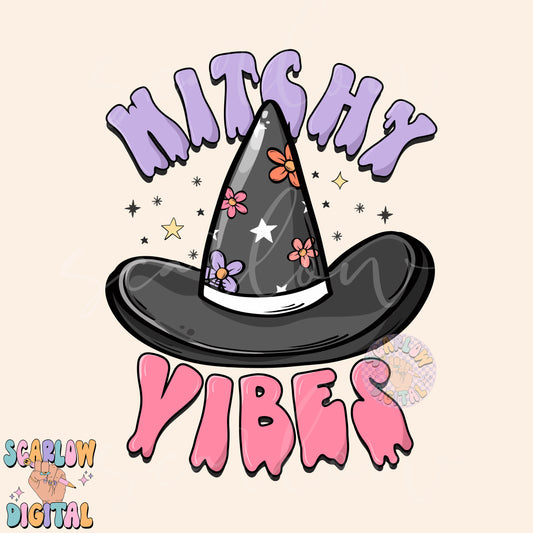 Witchy Vibes PNG Digital Design Download, Halloween png, witch png, witch hat png, preppy halloween png, retro spooky season png, girl png