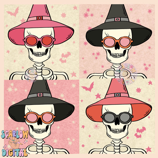 Skeletons in Witch Hats PNG Digital Design Download, Halloween png, skulls png, pink halloween png, bats png, spooky season png, witches png