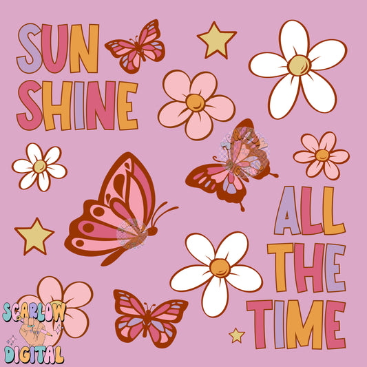 Sunshine All The Time PNG Digital Design Download, flowers png, butterfly png, stars png, little girl png, boho png, retro png, trendy png