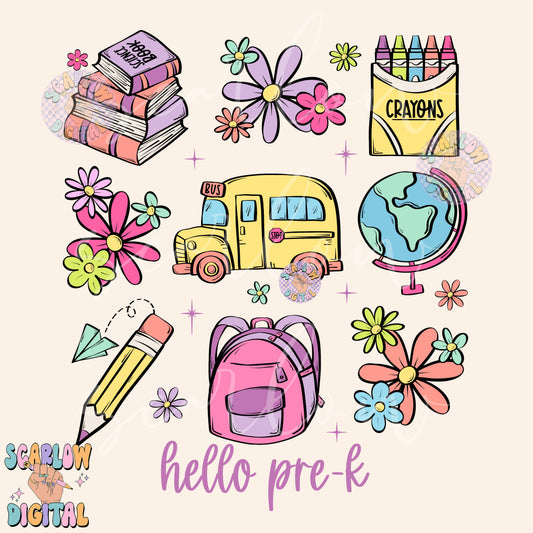 Hello Pre-K PNG Digital Design Download, back to school png, kids png, goodbye summer png, books png, learning png, preschool png, girls png