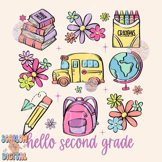 Hello Second Grade PNG Digital Design Download, back to school png, kids png, goodbye summer png, books png, learning png, girl png designs
