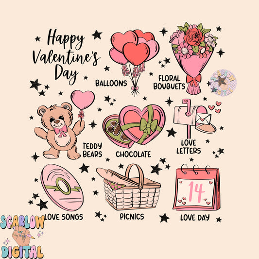 Happy Valentine's Day PNG Sublimation Digital Design Download, heart balloons png, floral bouquet png, teddy bear png, valentine's day png