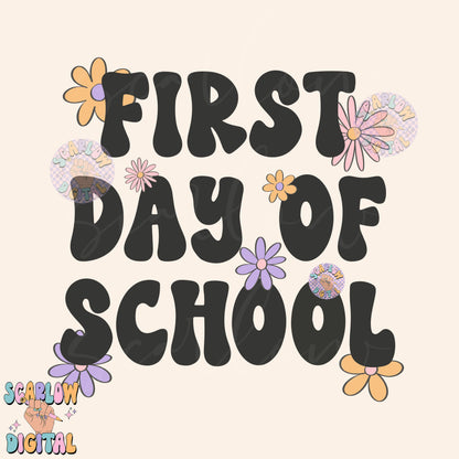 First Day of School PNG Digital Design Download, back to school png, little girl png, flowers png, floral png, trendy school png designs