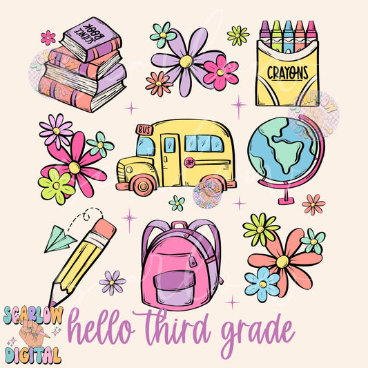 Hello Third Grade PNG Digital Design Download, back to school png, kids png, goodbye summer png, books png, learning png, girl png designs
