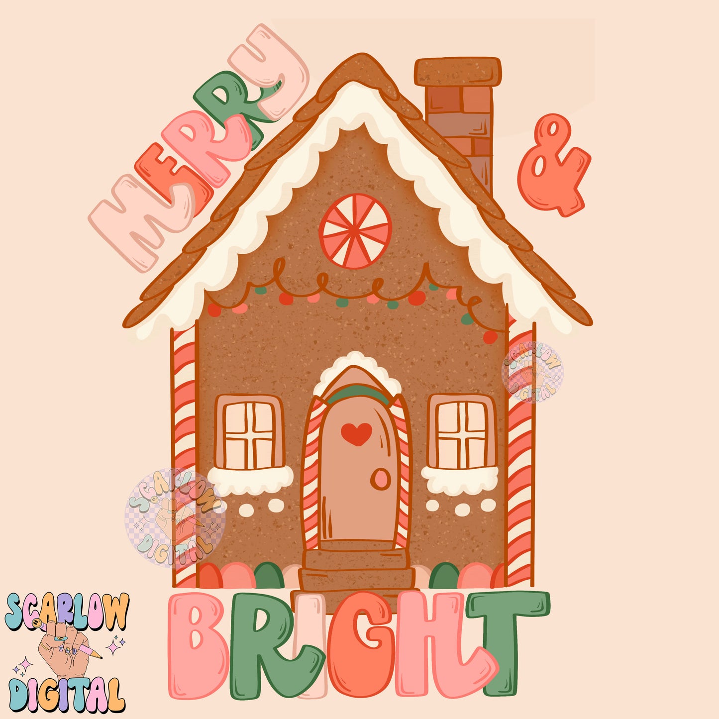 Merry & Bright PNG Digital Design Download, Gingerbread house png, Christmas png design, traditional christmas png, kids png, trendy png