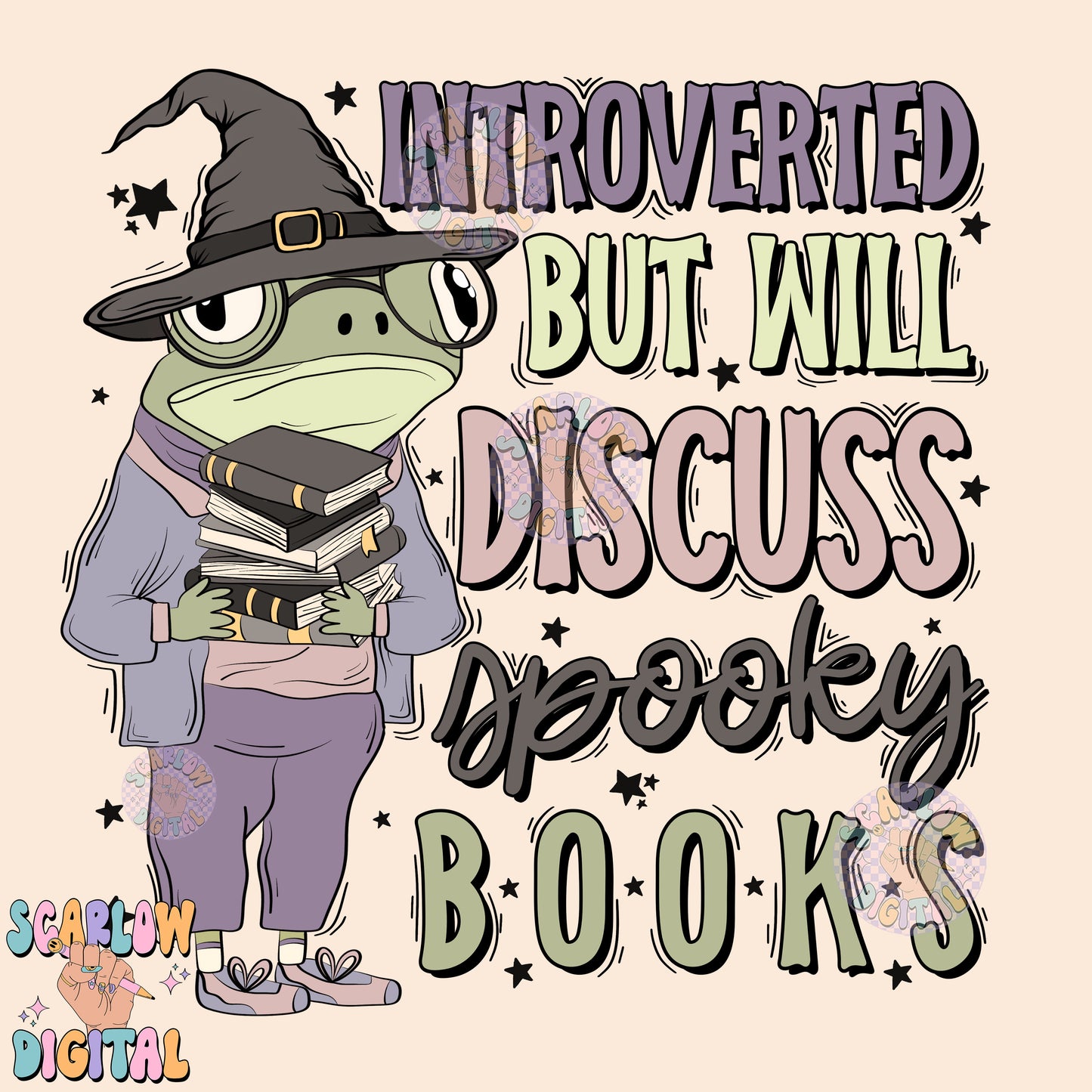 Introverted But Will Discuss Spooky Books PNG Digital Design Download, halloween png, reading png, frog png, witch png, spooky season png