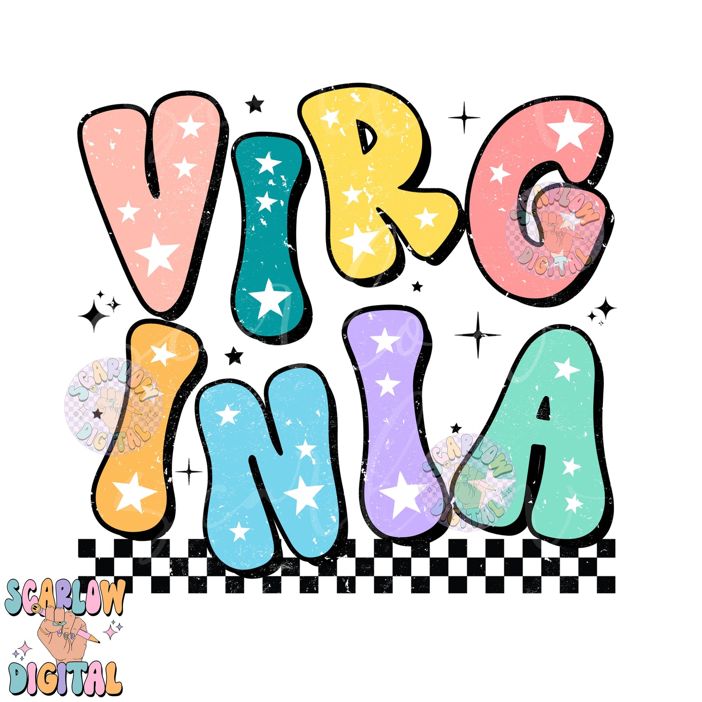 Virginia PNG Digital Design Download, city png design, colorful png, stars png, women png, Virginia tshirt png, retro png, city state png