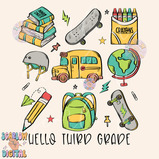 Hello Third Grade PNG Digital Design Download, back to school png, kid png, skater boy png, books png, elementary school png, boy png