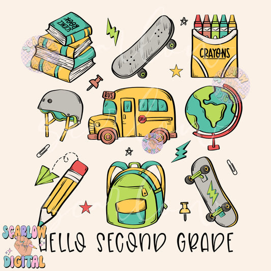 Hello Second Grade PNG Digital Design Download, back to school png, kid png, skater boy png, books png, elementary school png, boy png