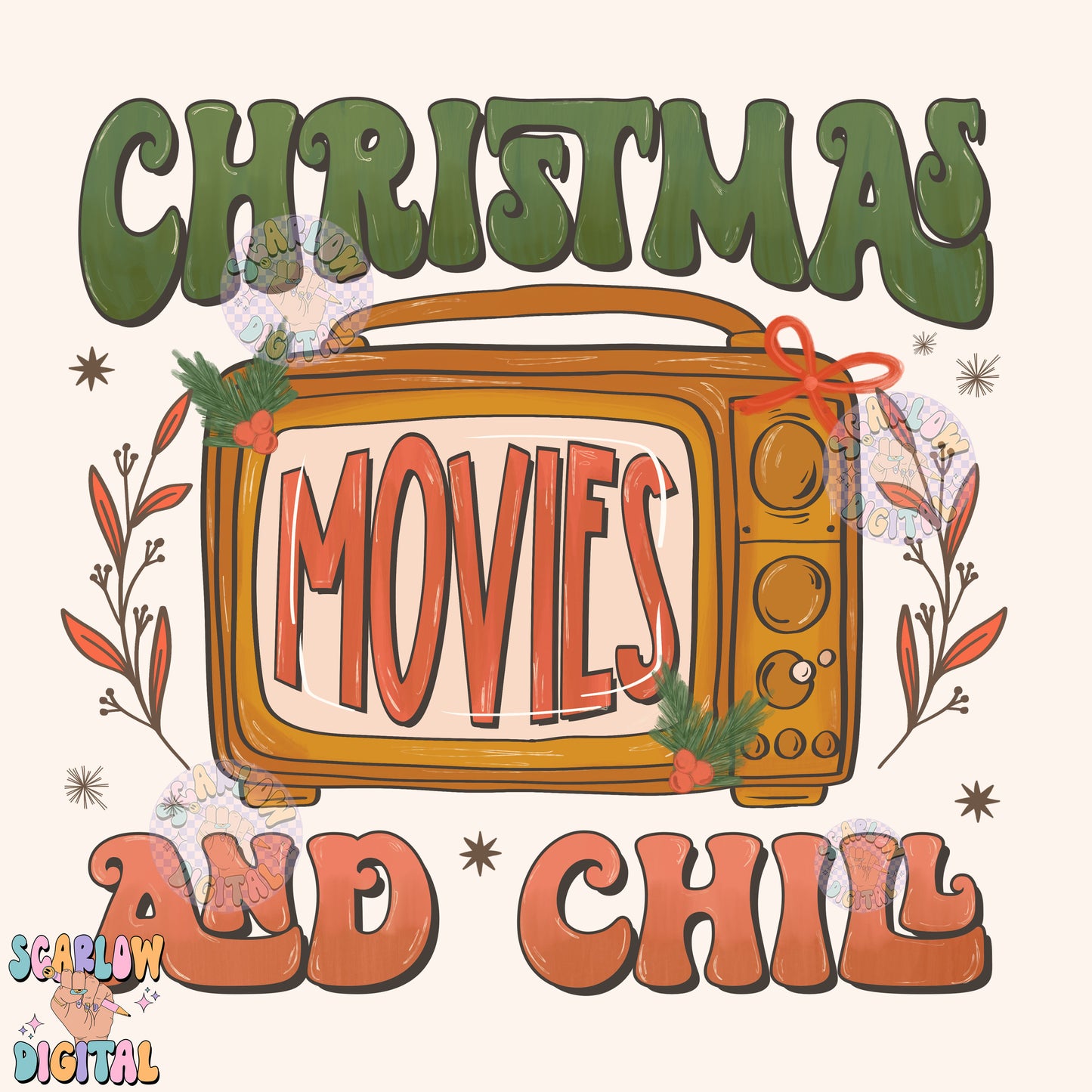 Christmas Movies and Chill PNG Digital Design Download, xmas movies png, traditional christmas png, vintage christmas png, trendy winter png