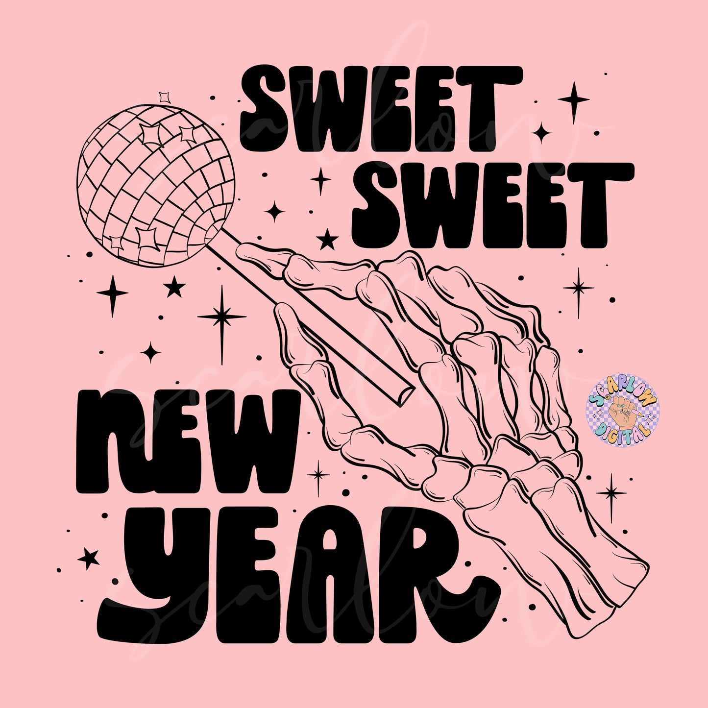 Sweet Sweet New Year PNG Sublimation Digital Design Download, disco ball png, skeleton png, skull png, sucker png, girly new years png file