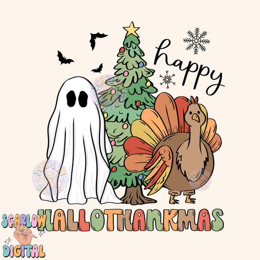 Happy HalloThankMas PNG Digital Design Download, halloween png, christmas png, thanksgiving png, ghost png, turkey png, christmas tree png