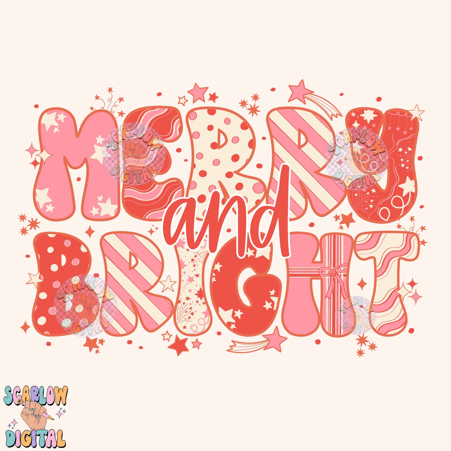 Merry and Bright PNG Digital Design Download, preppy christmas designs, candy cane png, girly christmas png, coquette christmas designs