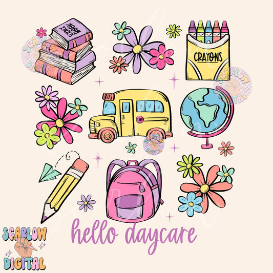 Hello Daycare PNG Digital Design Download, back to school png, kid png, goodbye summer png, books png, learning png, preschool png, girl png