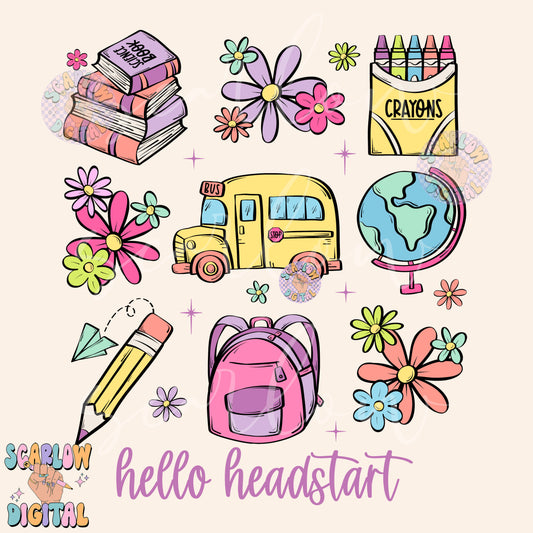 Hello Headstart PNG Digital Design Download, back to school png, kid png, bye summer png, books png, learning png, preschool png, girls png