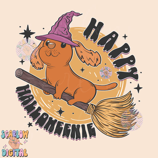 Happy Halloweenie PNG Digital Design Download, dachshund png, wiener dog png, funny halloween png, spooky season png, witchy png, kids png