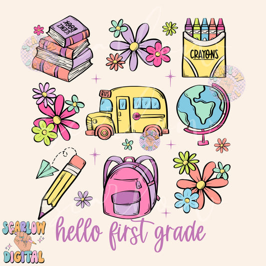 Hello First Grade PNG Digital Design Download, back to school png, kids png, goodbye summer png, books png, learning png, girl png designs