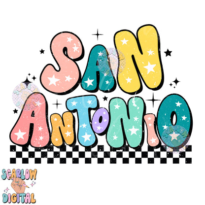 San Antonio PNG Digital Design Download, city png design, colorful png, stars png, women png, Texas tshirt png, checkers png, hometown png