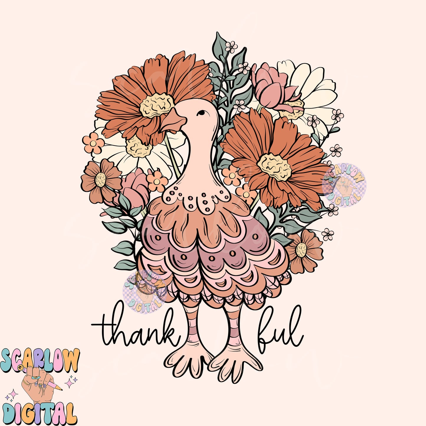 Thankful PNG-Thanksgiving Sublimation Digital Design Download-floral turkey png, flowers png, fall png designs, gobble gobble png designs