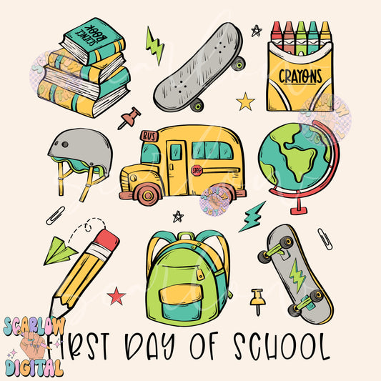 First Day of School PNG Digital Design Download, back to school png, kid png, skater boy png, books png, elementary school png, boy png