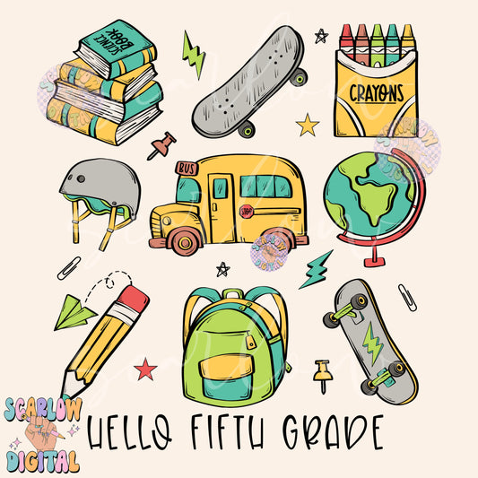 Hello Fifth Grade PNG Digital Design Download, back to school png, kid png, skater boy png, books png, elementary school png, boy png