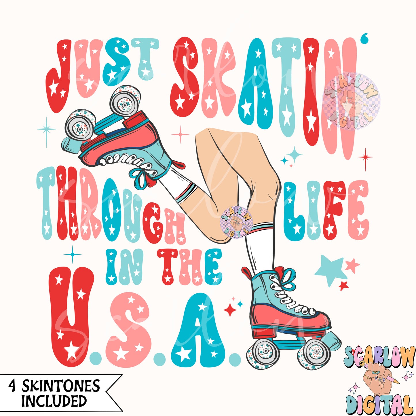 Just Skatin' Through Life in the USA PNG Fourth of July Digital Design Download, patriotic png, july 4th png, america png, trendy png design