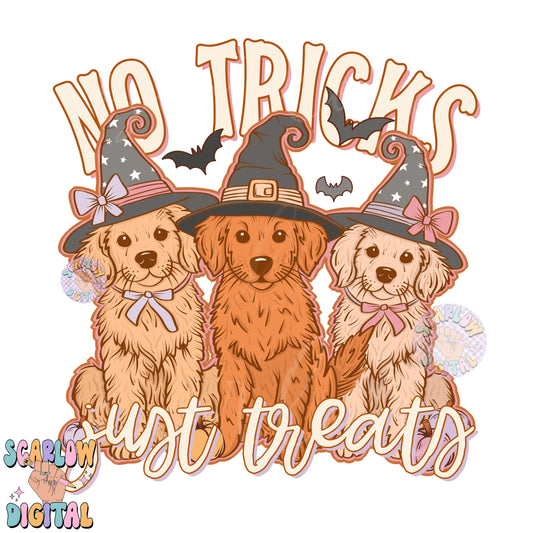 No Tricks Just Treats PNG Digital Design Download, Halloween png, golden retriever png, witches png, kids halloween png, spooky season png