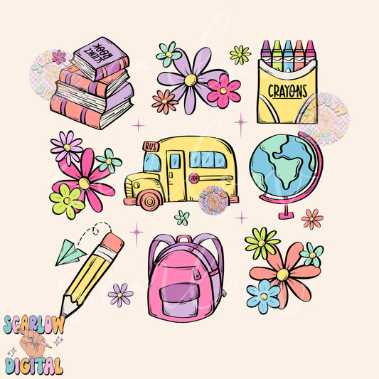 Back to School Doodles PNG Digital Design Download, school bus png, books png, globe png, flowers png, girl school png, pencil png designs