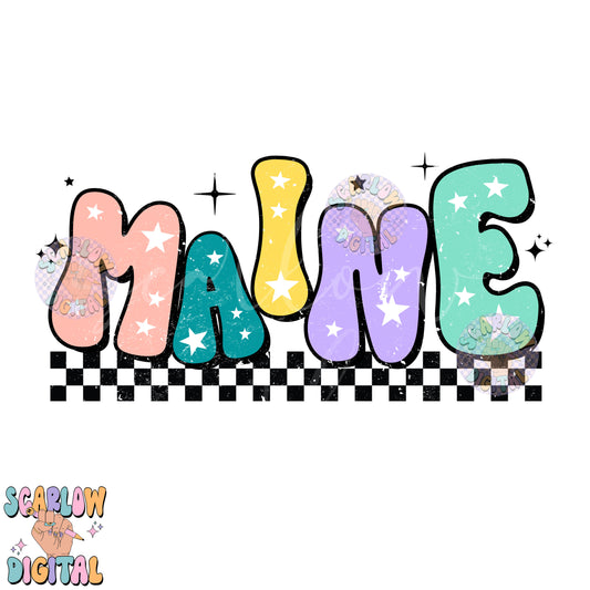 Maine PNG Digital Design Download, city png design, colorful png, stars png, women png, maine tshirt design, retro png, state png designs