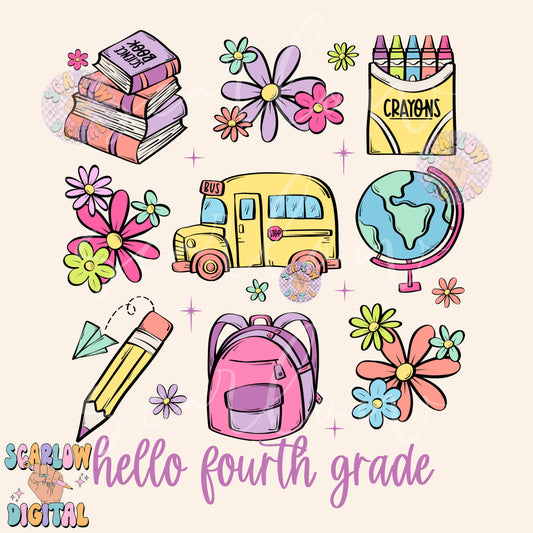 Hello Fourth Grade PNG Digital Design Download, back to school png, kids png, goodbye summer png, books png, learning png, girl png designs